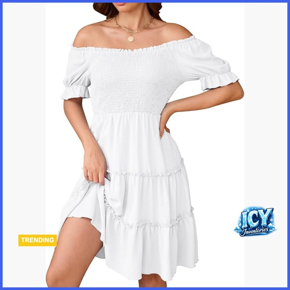 Polyester Off Shoulder Square Neck Puff Sleeve Smocked Mini Dress